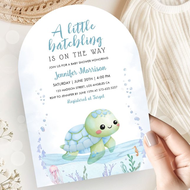 Invitación Sea Turtle Hatchling Baby Shower Boy Blue Arch (Subido por el creador)