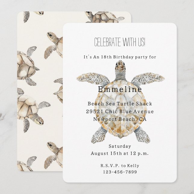 Invitación Sea Turtles Birthday (Anverso / Reverso)
