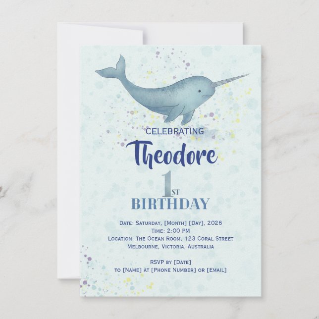 Invitación Sea Unicornio Narwal acuarela 1er cumpleaños (Anverso)