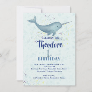 Invitación Sea Unicornio Narwal acuarela 1er cumpleaños