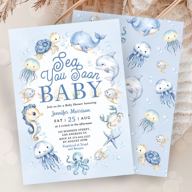 Invitación Sea You Soon Baby Shower Boy Blue Ocean Animals (Subido por el creador)