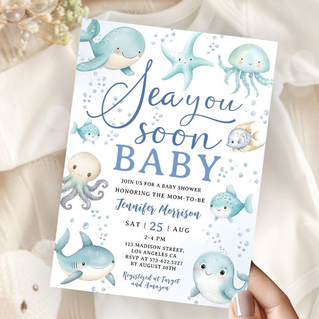 Invitación Sea You Soon Baby Shower Boy Blue Teal Ocean (Subido por el creador)
