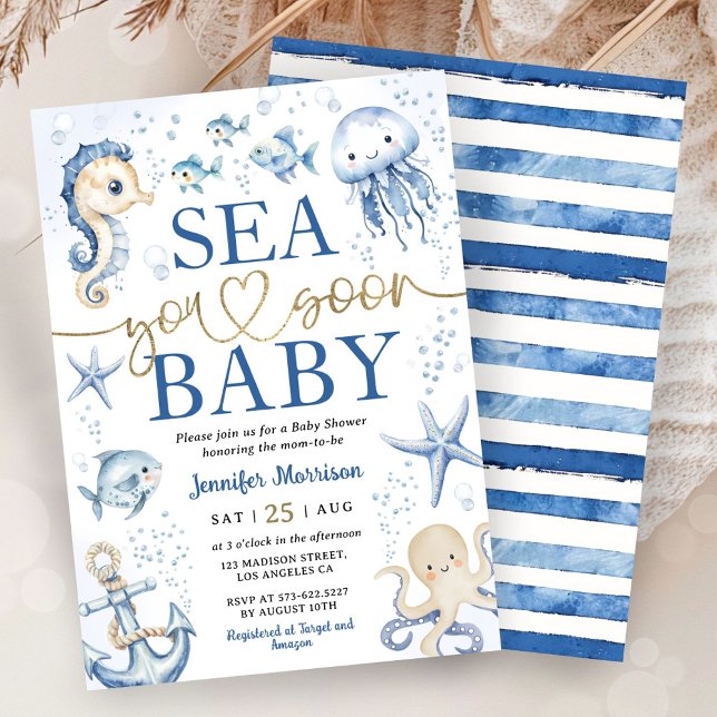 Invitación Sea You Soon Baby Shower Boy Navy Blue Ocean (Subido por el creador)