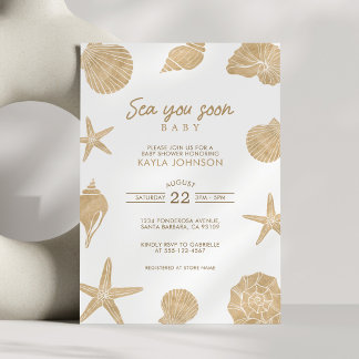 Invitación Sea You Soon Baby Shower Minimalista Boho Conchas 