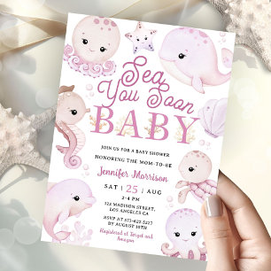 Invitación Sea You Soon Baby Shower Niña Rosa Océano 