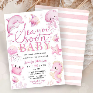 Invitación Sea You Soon Baby Shower Rosa Niña Océano 