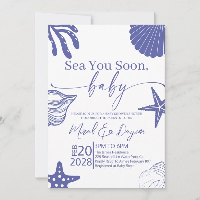 Invitación Sea You Soon Blue Scallop Shell Boy Baby Shower  (Anverso)