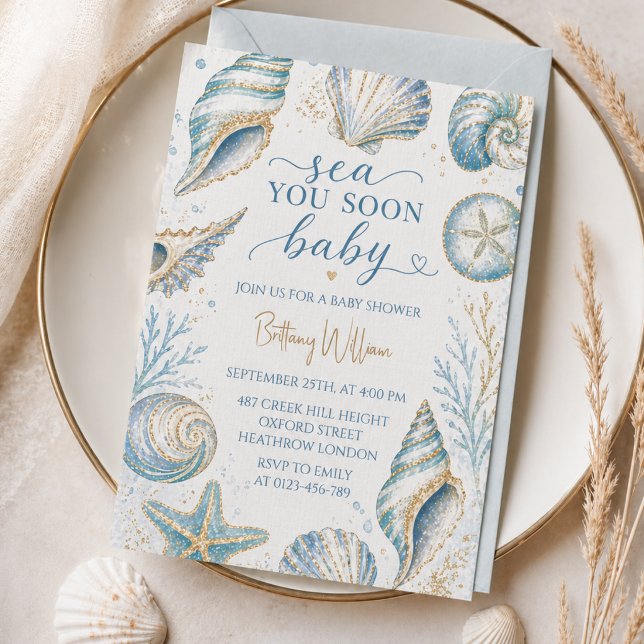 Invitación Sea You Soon Blue Seashells Baby Shower (Subido por el creador)