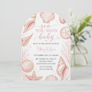 Invitación Sea You Soon Caracoles Rosados Baby Shower