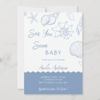 Invitación Sea You Soon Coastal Shells Blue Baby Shower