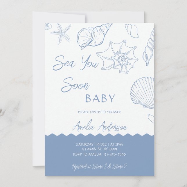 Invitación Sea You Soon Coastal Shells Blue Baby Shower (Anverso)