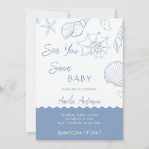 Invitación Sea You Soon Conchas Costeras Azules Baby Shower