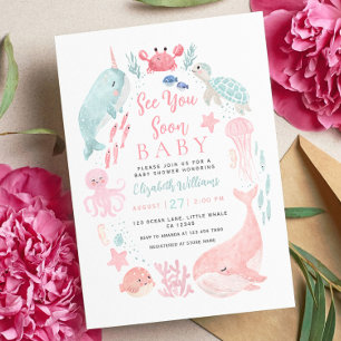 Invitación Sea You Soon Cute Animales Marinos Niña Baby Showe