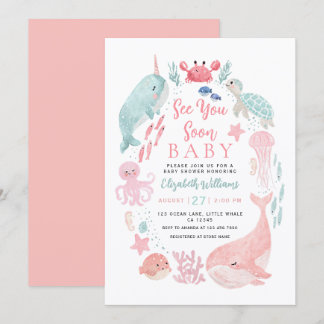 Invitación Sea You Soon Cute Ocean Animals Girl Baby Shower