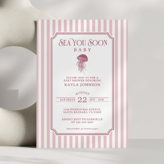 Invitación Sea You Soon Girl Preppy Rayas Rosadas Baby Shower