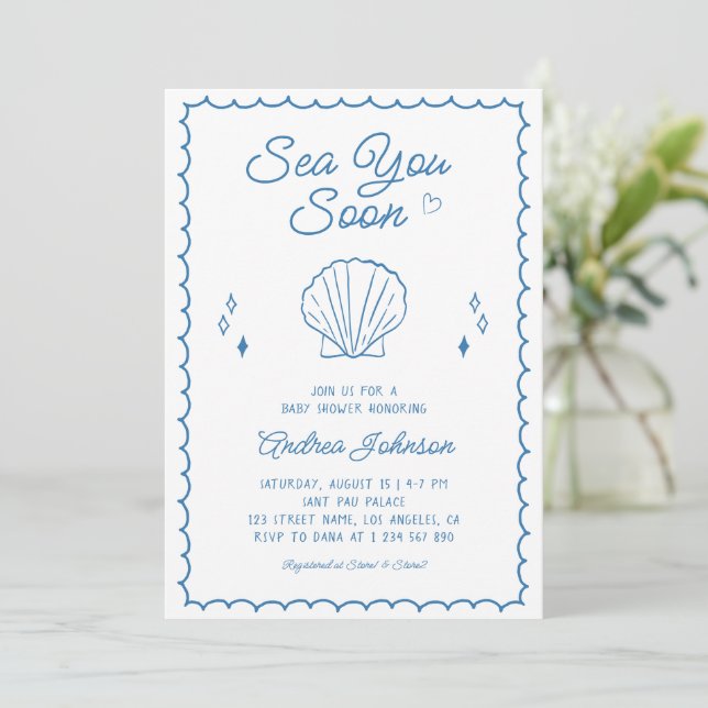 Invitación Sea You soon Mane Drake Ocean Seashell Baby Shower (Anverso de pie)