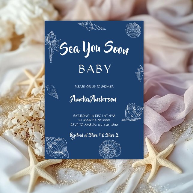 Invitación Sea You Soon Navy Seashell Nautical Baby Shower (Subido por el creador)