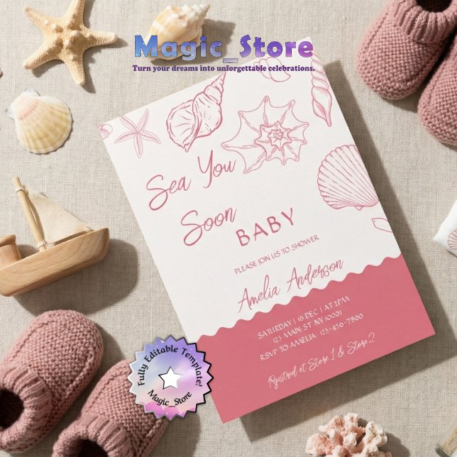 Invitación Sea You Soon Pink Seashells Coastal Baby Shower (Subido por el creador)