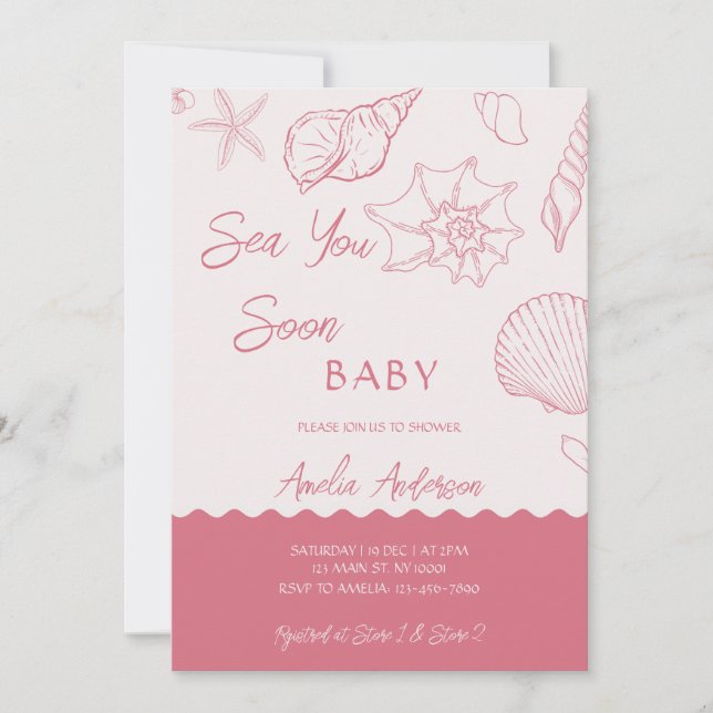 Invitación Sea You Soon Pink Seashells Coastal Baby Shower (Anverso)