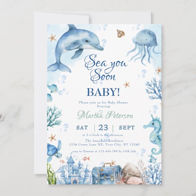 Invitación Sea You Soon Seashell Baby Shower (Anverso)