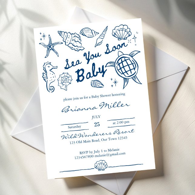 Invitación Sea you soon seashells beach boy baby shower (Sea you soon seashells beach blue boy baby shower invitation cards template sea turtle hand drawn)
