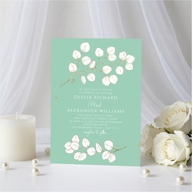 Invitación Seafoam Green Gold & White Greenery Eucalyptus (Subido por el creador)