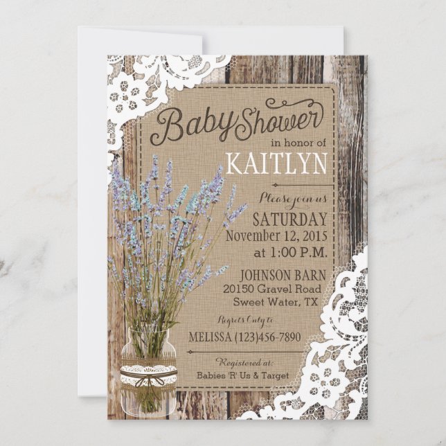 Invitación Seafoam Lavender Wood Lace Rustic Baby Shower (Anverso)