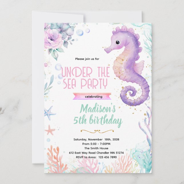 Invitación Seahorse birthday theme party invite (Anverso)