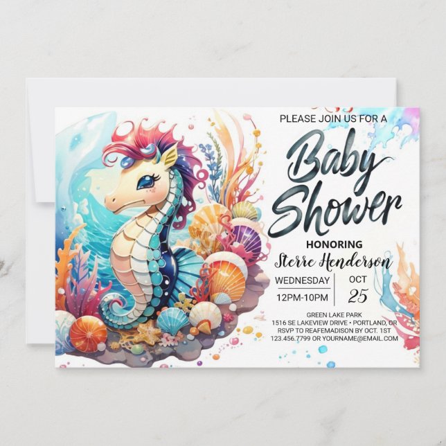 Invitación Seahorse Kisses Watercolor Baby Shower (Anverso)