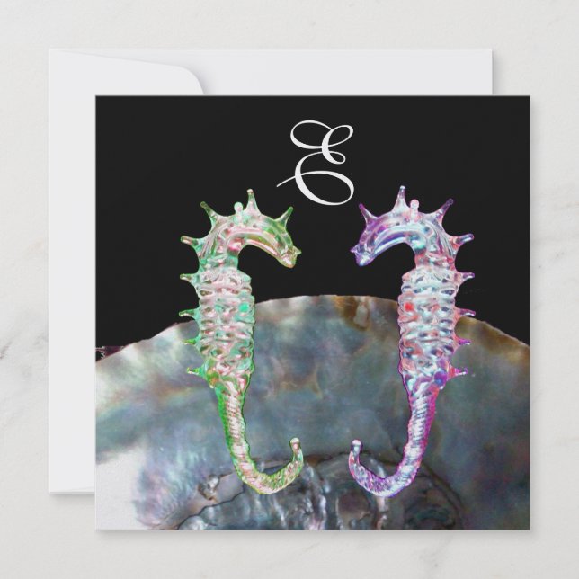 Invitación SEAHORSES BEACH BODA MONOGRAM, blanco rosado negro (Anverso)
