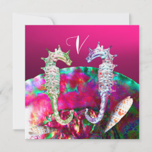 Invitación SEAHORSES BEACH BODA MONOGRAM, negro rosado