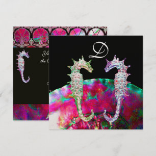 Invitación SEAHORSES BEACH WEDDING MONOGRAM, azul rosa negro