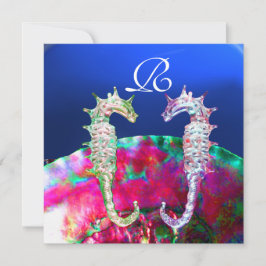 Invitación SEAHORSES BEACH WEDDING MONOGRAM, azul rosa negro