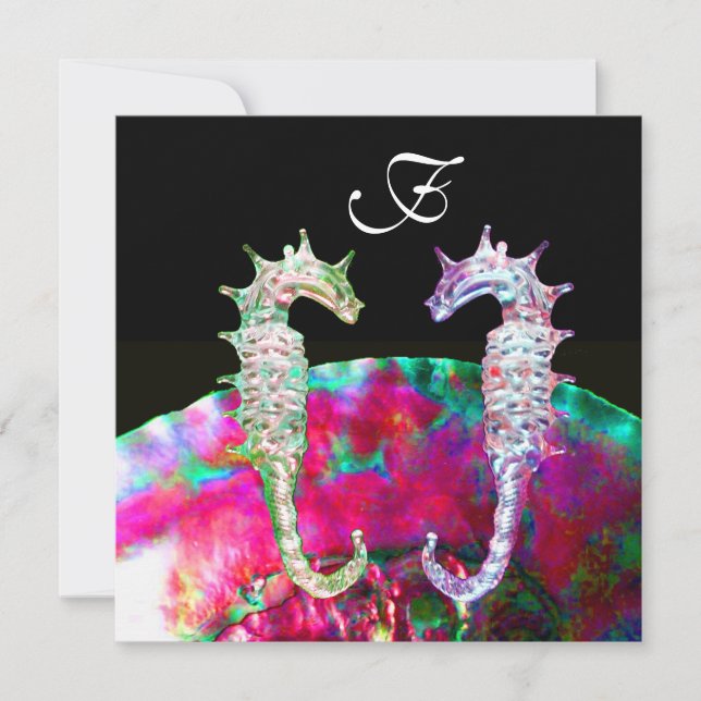 Invitación SEAHORSES BEACH WEDDING MONOGRAM, azul rosa negro (Anverso)