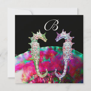 Invitación SEAHORSES BEACH WEDDING MONOGRAM, azul rosa negro