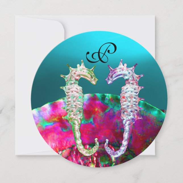 Invitación SEAHORSES BEACH WEDDING MONOGRAM, azul rosa negro (Anverso)