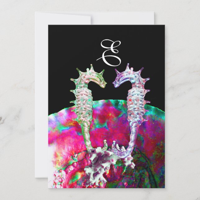 Invitación SEAHORSES BEACH WEDDING MONOGRAM, azul rosa negro (Anverso)