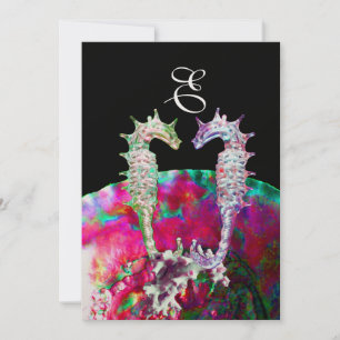 Invitación SEAHORSES BEACH WEDDING MONOGRAM, azul rosa negro