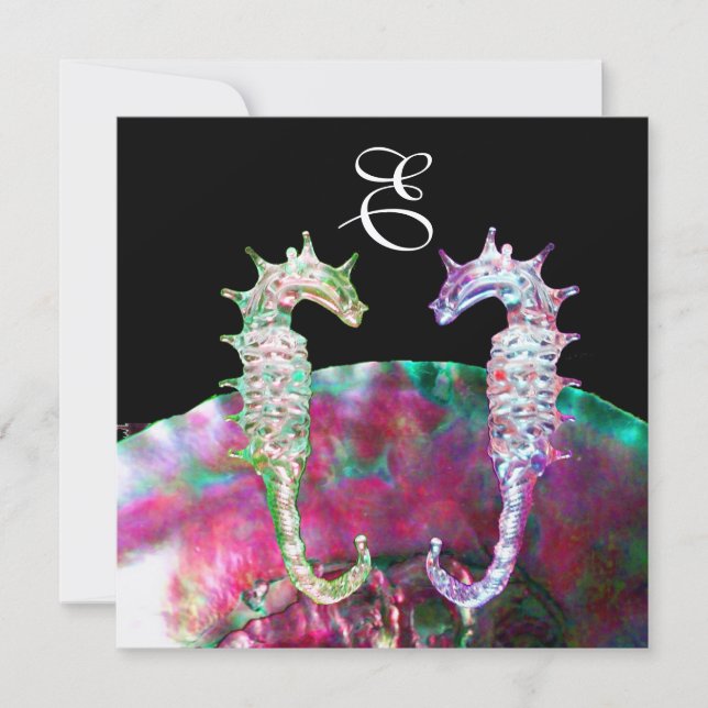 Invitación SEAHORSES BEACH WEDDING MONOGRAM, azul rosa negro (Anverso)