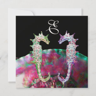 Invitación SEAHORSES BEACH WEDDING MONOGRAM, azul rosa negro
