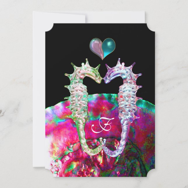 INVITACIÓN SEAHORSOS EN LOVE DAMASK BEACH WEDDING MONOGRAM (Anverso)
