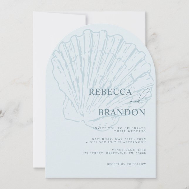 Invitación Seashell Beach Coastal Blue QR Code Arch Wedding (Anverso)