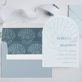 Invitación Seashell Beach Coastal Blue QR Code Arch Wedding