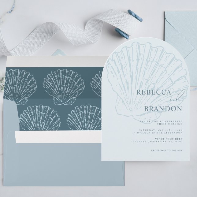 Invitación Seashell Beach Coastal Blue QR Code Arch Wedding (Subido por el creador)