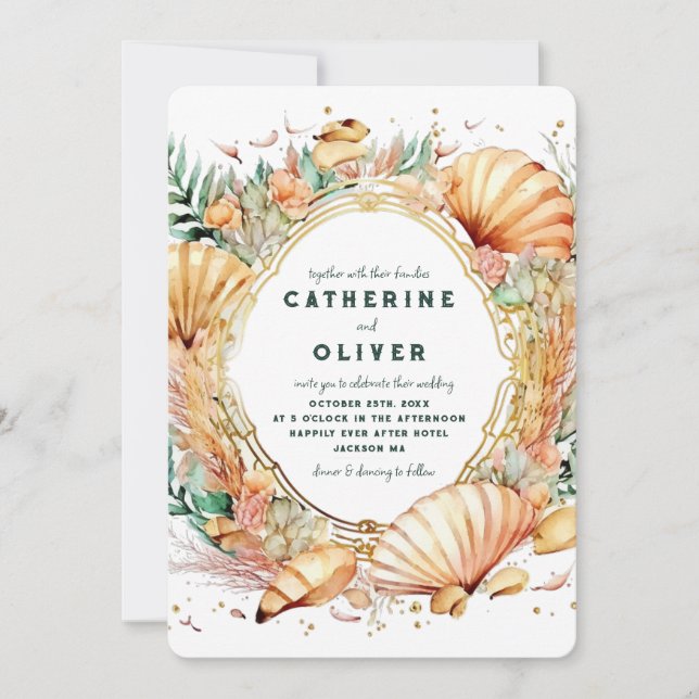 Invitación Seashell Gold Frame Ocean Summer Beach Wedding (Anverso)