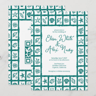Invitación Seashell Grid Beach Wedding Green PERSONALIZADO QR