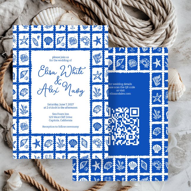 Invitación Seashell Grid Beach Wedding PERSONALIZADO QR Code (Seashell Grid Beach Wedding CUSTOM QR Code Invitation
)