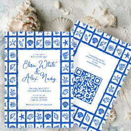 Invitación Seashell Grid Beach Wedding PERSONALIZADO QR Code