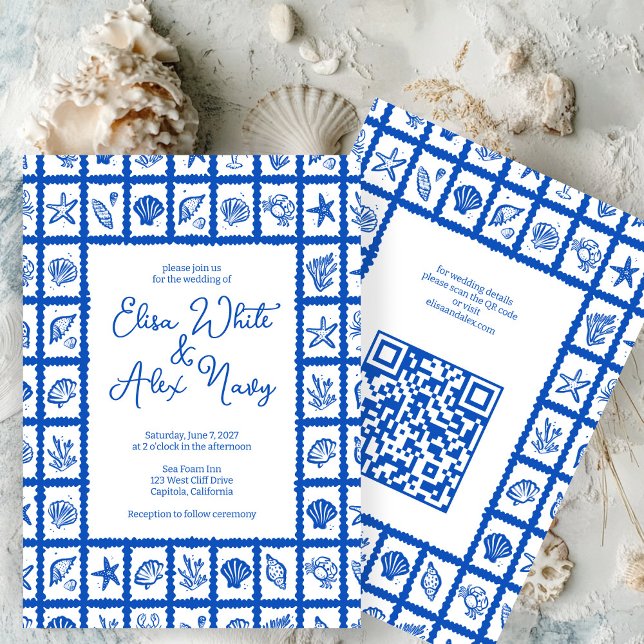 Invitación Seashell Grid Beach Wedding PERSONALIZADO QR Code (Seashell Grid Beach Wedding CUSTOM QR Code Invitation
)