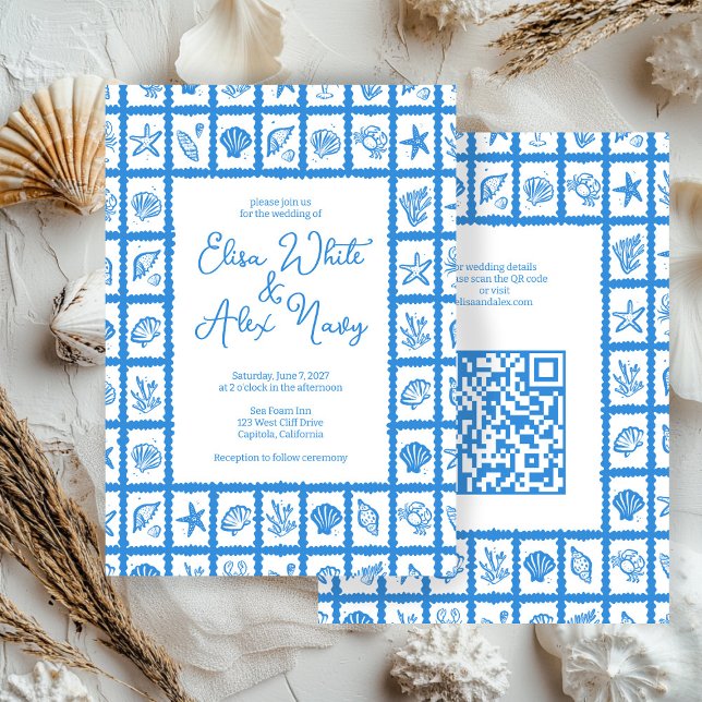 Invitación Seashell Grid Beach Wedding PERSONALIZADO QR Code (Seashell Grid Beach Wedding CUSTOM QR Code Invitation
)